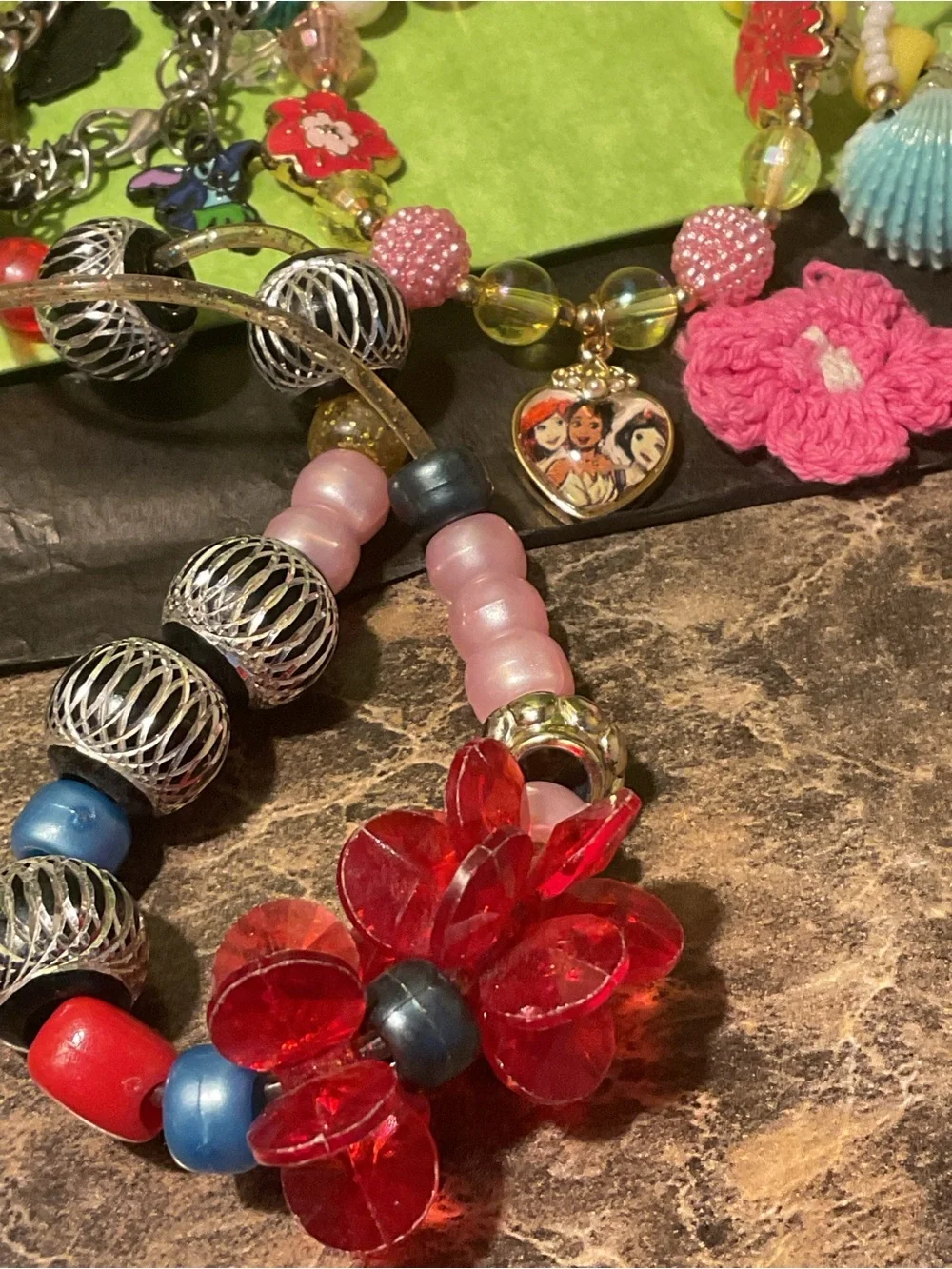 Colorful Mixed Children Bead and Silvertone bracelets, cord Necklaces